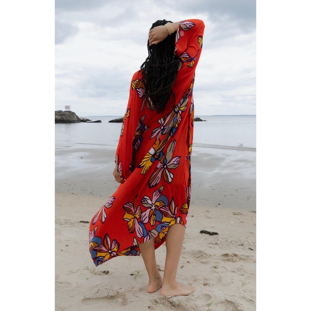 Saachi Tropical Floral Print Maxi Kaftan Dress Orange V-Neck Resortwear One Size - Picture 3 of 6